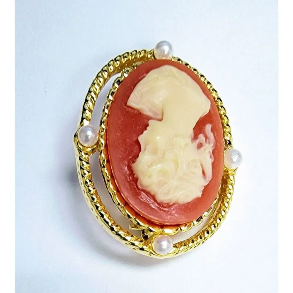 Vintage AAI Cameo Brooch Pin Signed Pink Orange Gold Tone & Faux Pearl